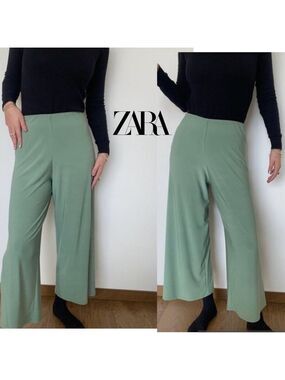 Zara Green stretchy wide leg cropped culottes pants Sz L pull on high rise Sz L